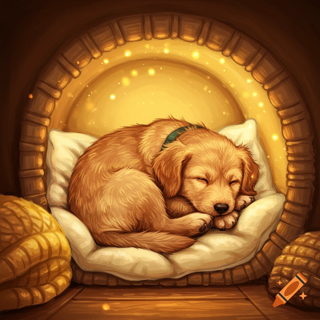 A sleeping golden retriever puppy curled up on a pillow in a glowing wooden nook.