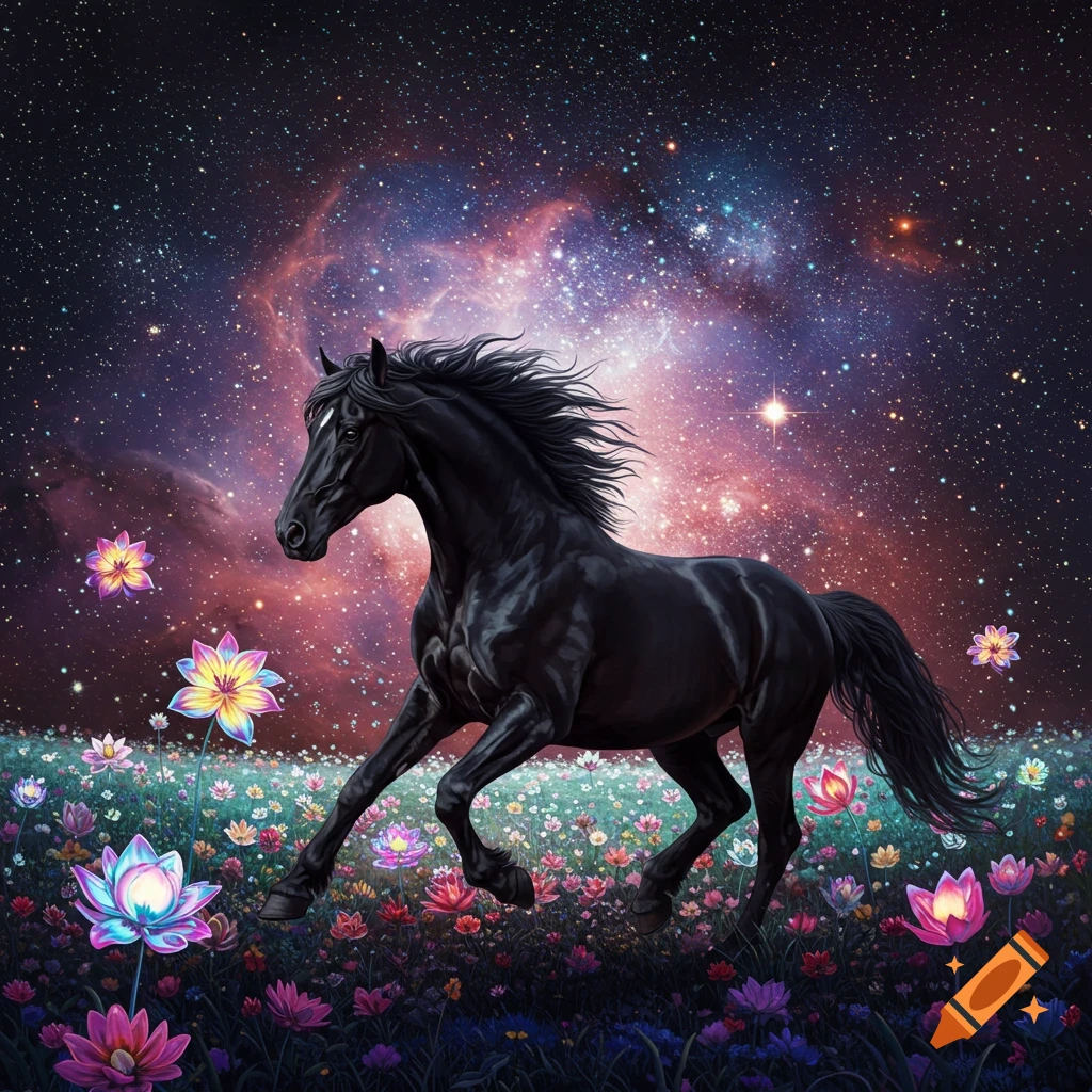 A black horse gallops through a field of vibrant, floating flowers under a starry galaxy sky.