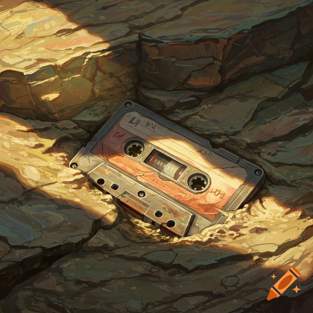A cassette tape partially buried in rocks and dirt, lit by sun.