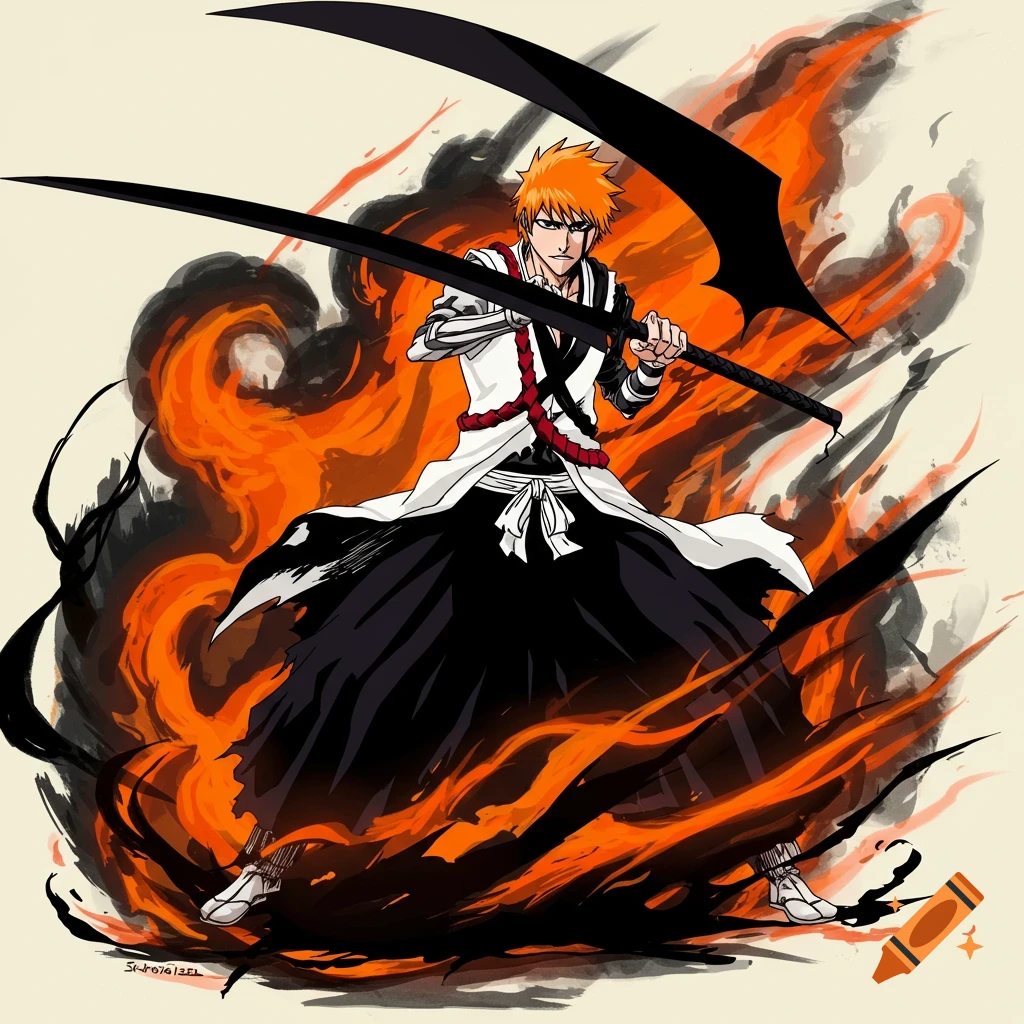 Anime character Ichigo Kurosaki holding a large sword surrounded by fire and smoke.