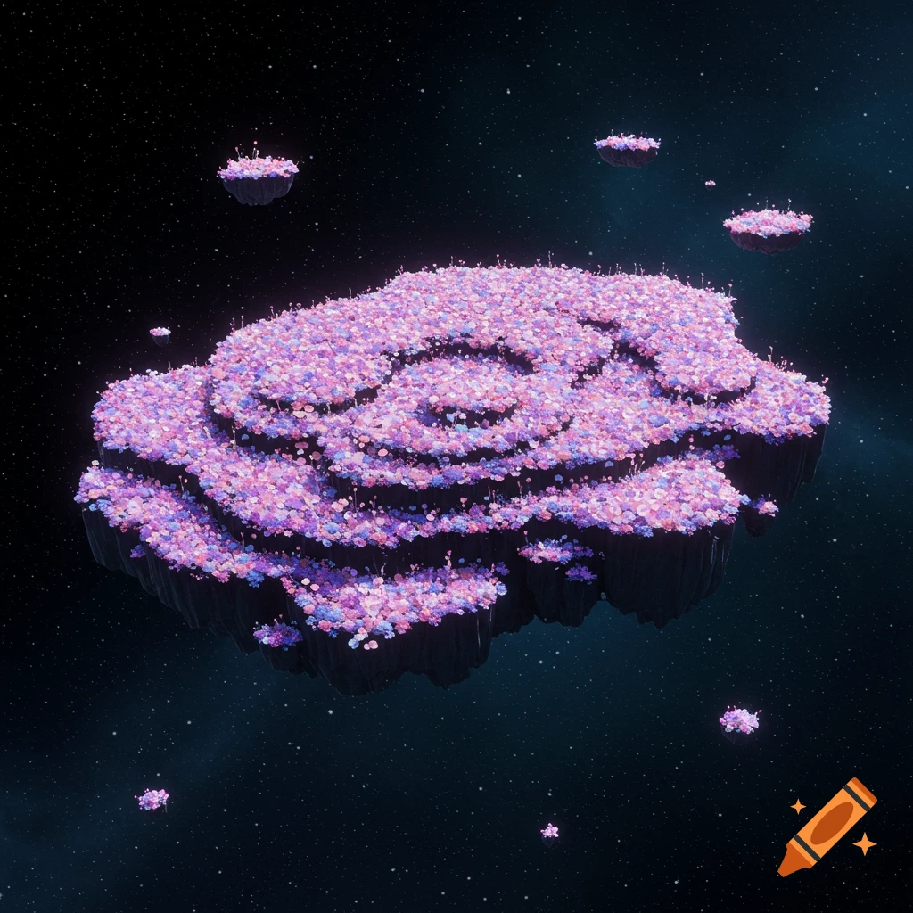 A large floating island covered in pink and purple flowers drifts in a starry space scene.