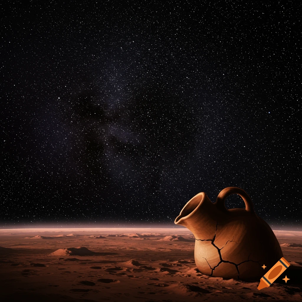 A cracked jug sits on a reddish, rocky planet surface under a starry sky.