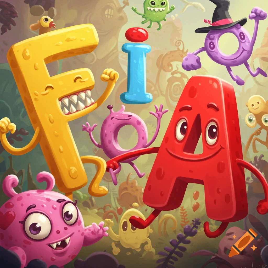 Colorful cartoon letters and monster characters with faces and limbs.