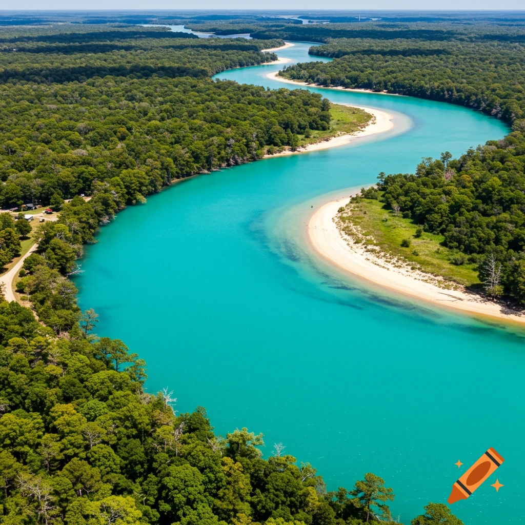 Aerial view of a bright turquoise river winding through a lush green forest with sandy banks under a clear sky.