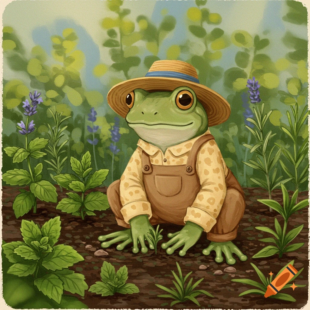 Frog wearing overalls and straw hat planting herbs in garden on Craiyon