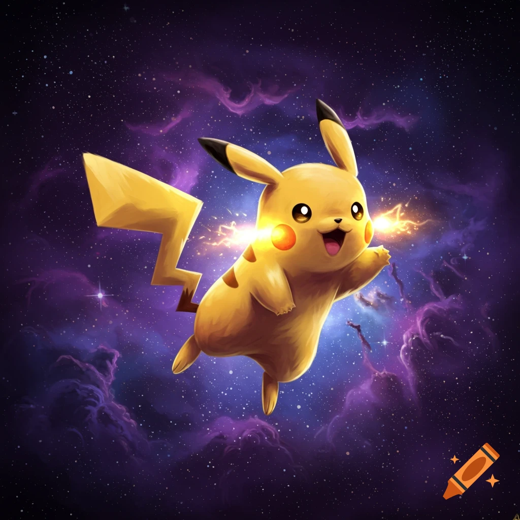 Pikachu floating in a purple space nebula with lightning sparks from its cheeks.
