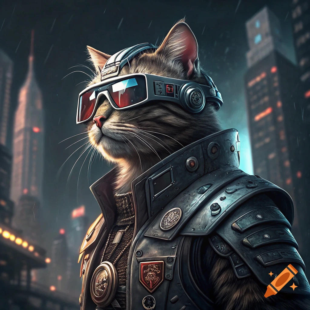 A cat in cyberpunk armor and goggles stands in a rainy futuristic city.