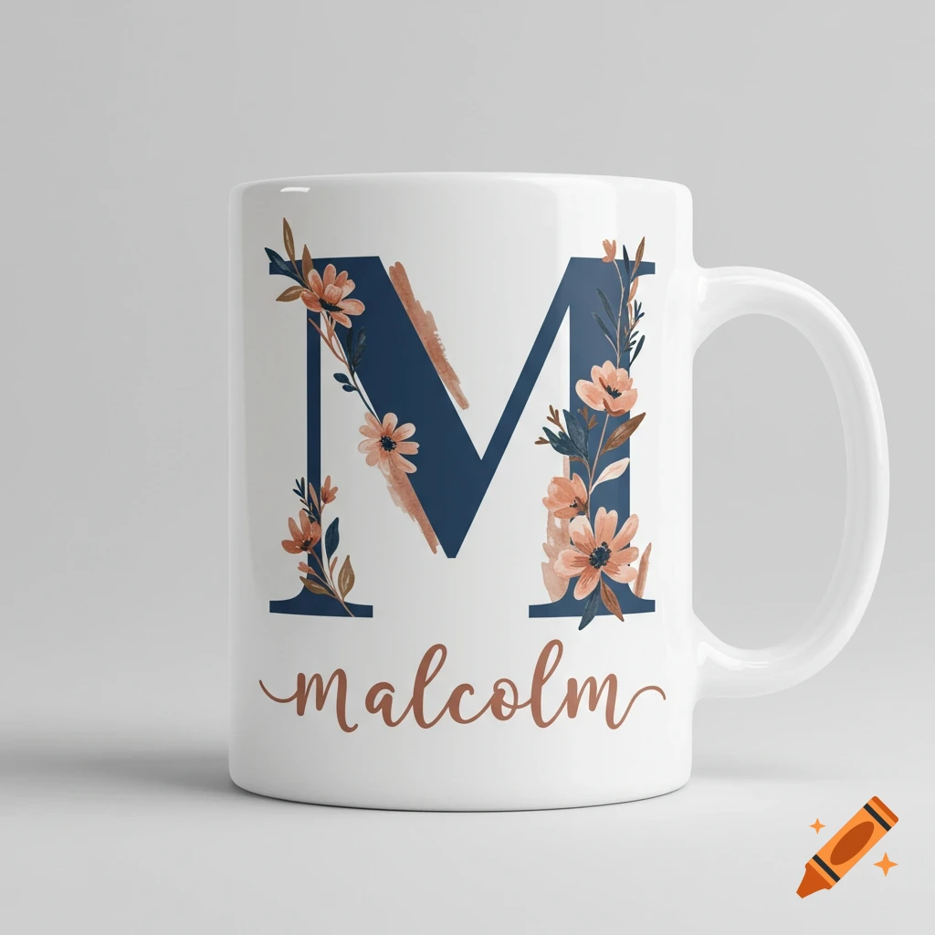 White mug with floral blue initial M and the name malcolm below