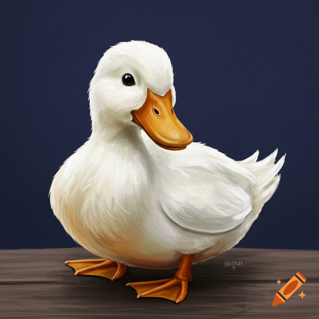 A white duck sitting on a wooden surface.