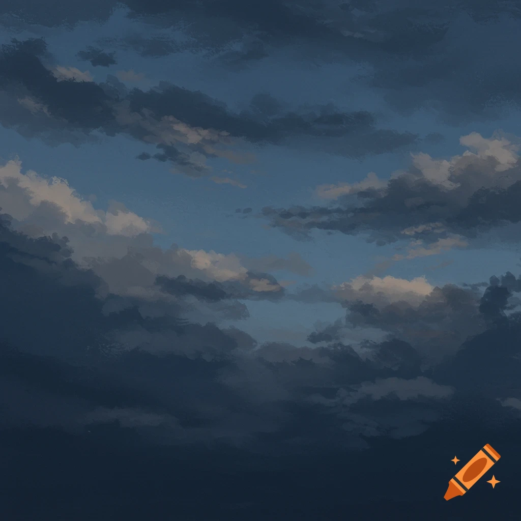 A dark blue sky with dramatic clouds.