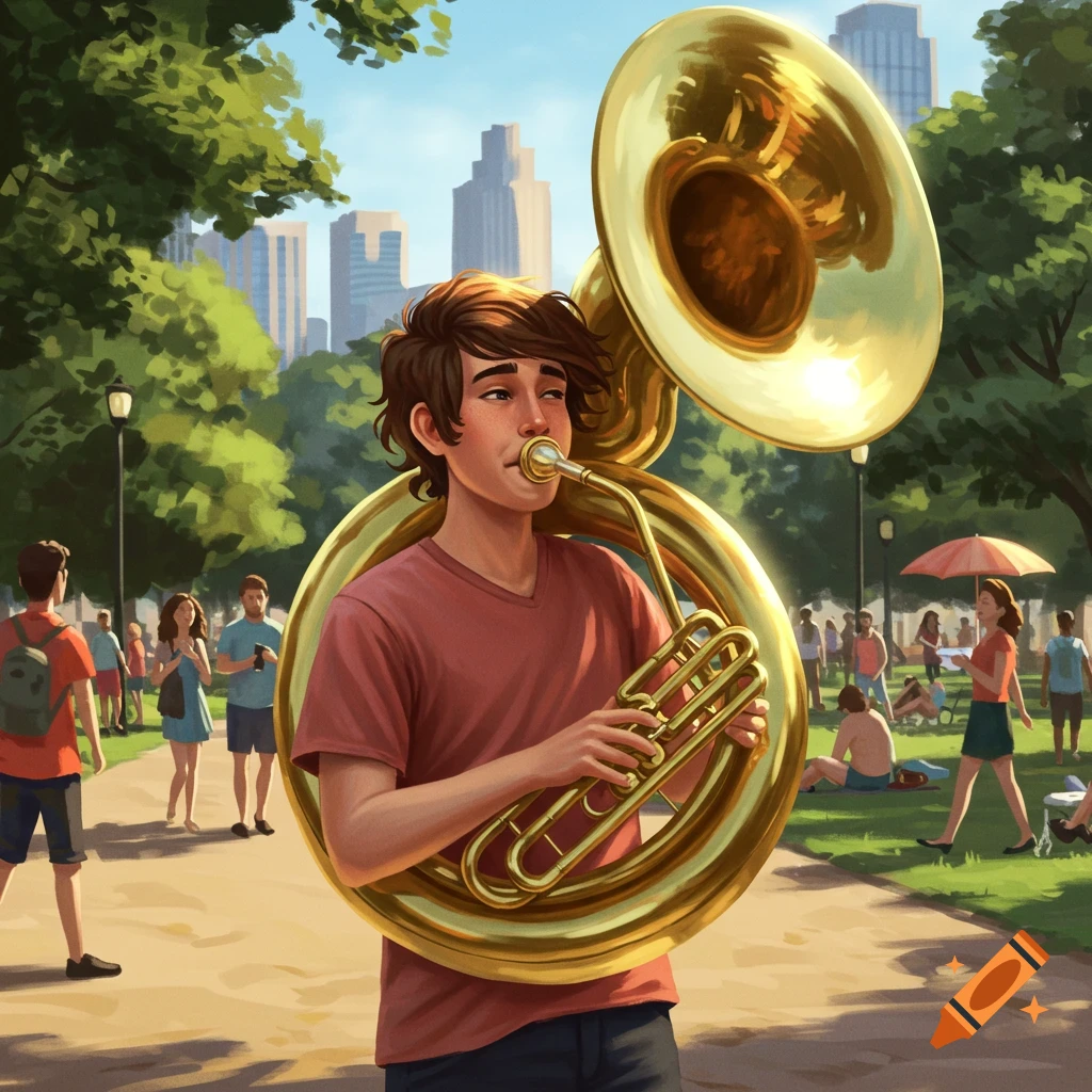 A person playing a sousaphone in a sunny park.
