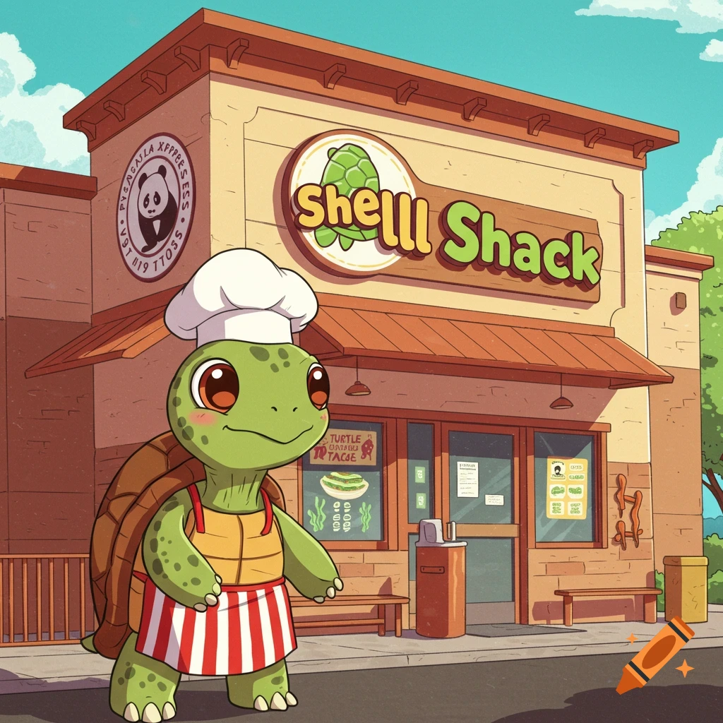 A cute cartoon turtle chef stands in front of a restaurant called Shell Shack.
