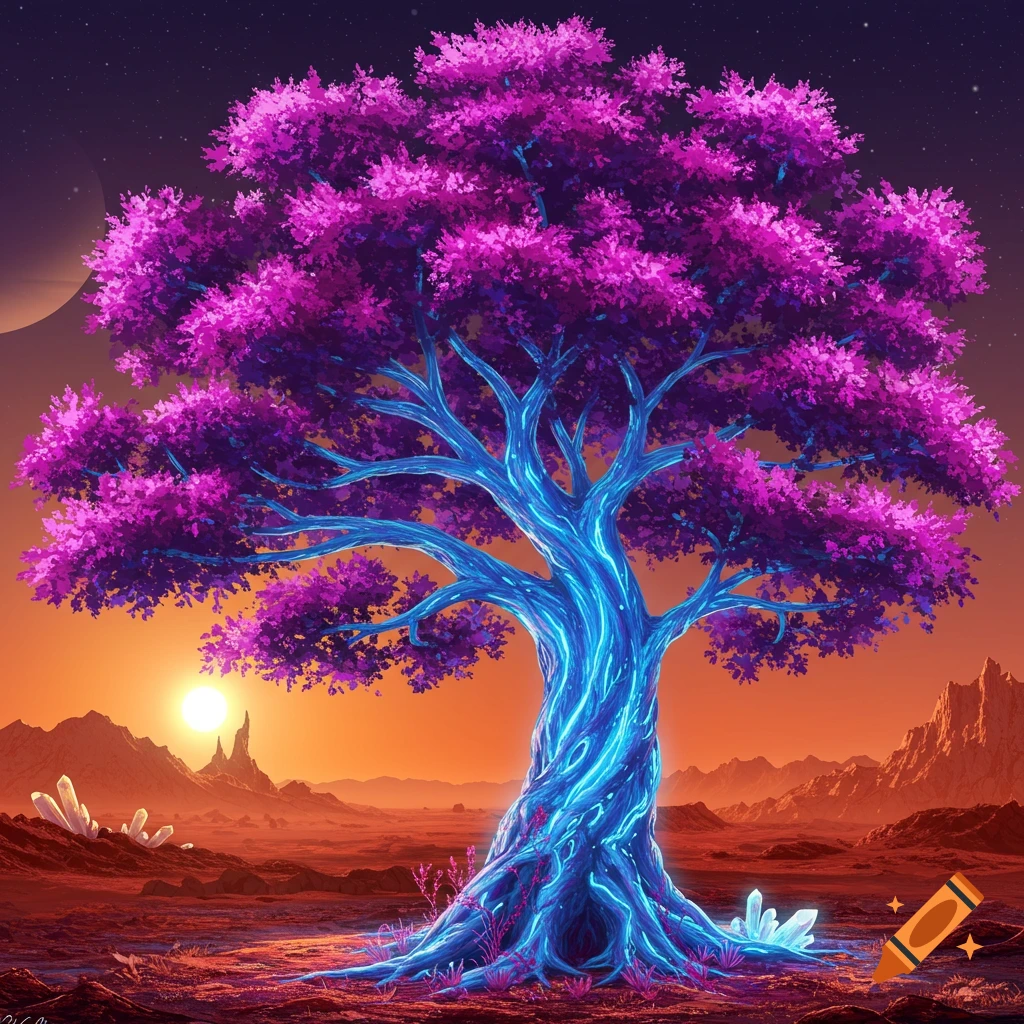 A glowing blue and purple tree stands on an alien planet at sunset. Crystals are scattered at the base of the tree.