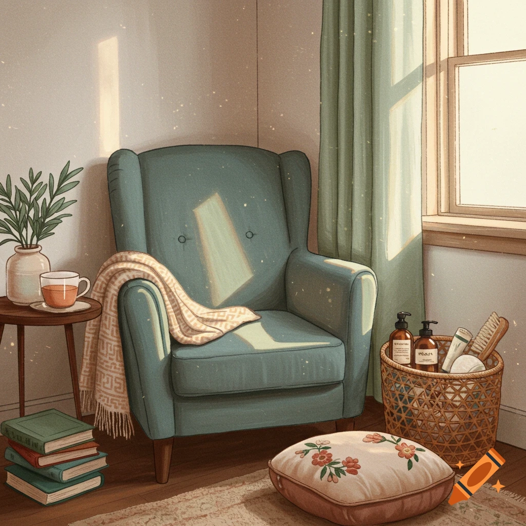 A cozy reading nook with an armchair, books, tea, and self-care items bathed in sunlight.