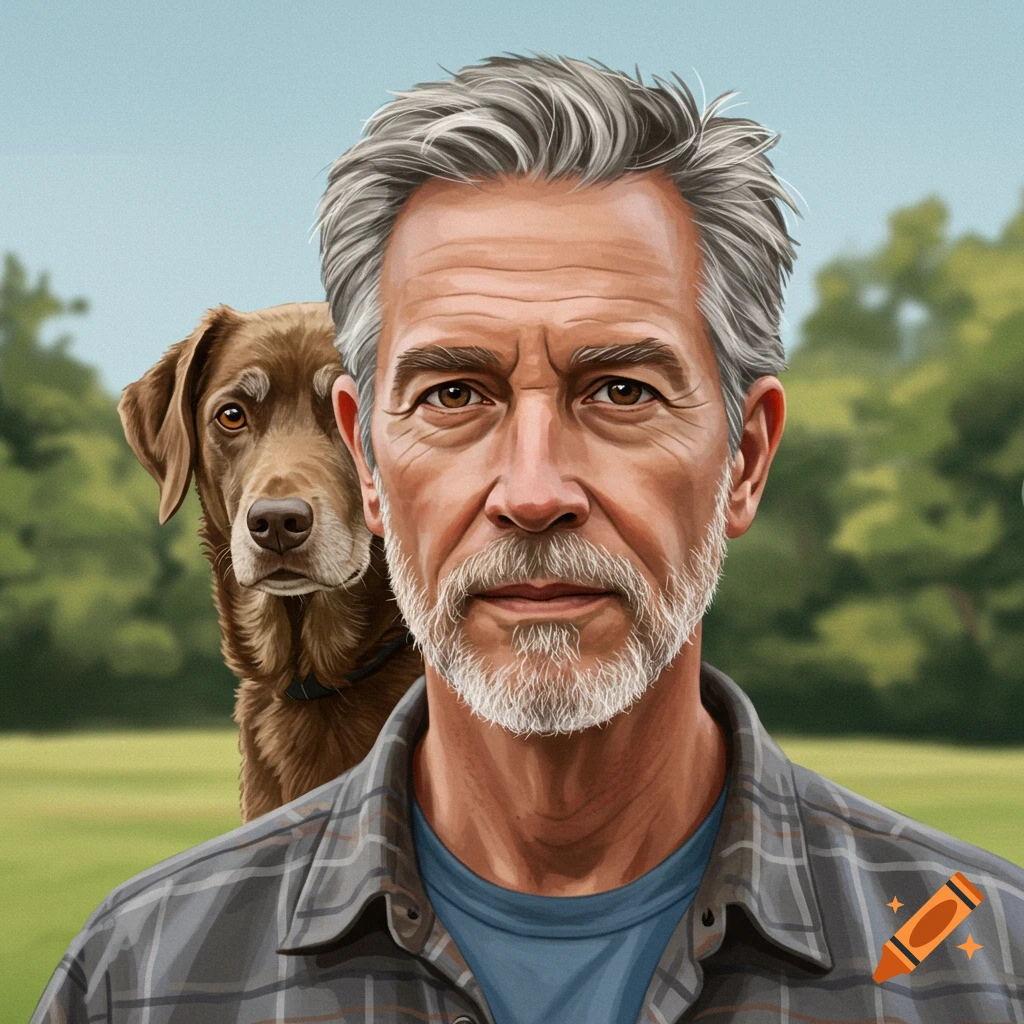 A man with gray hair and beard wearing a plaid shirt, with a brown dog behind him.