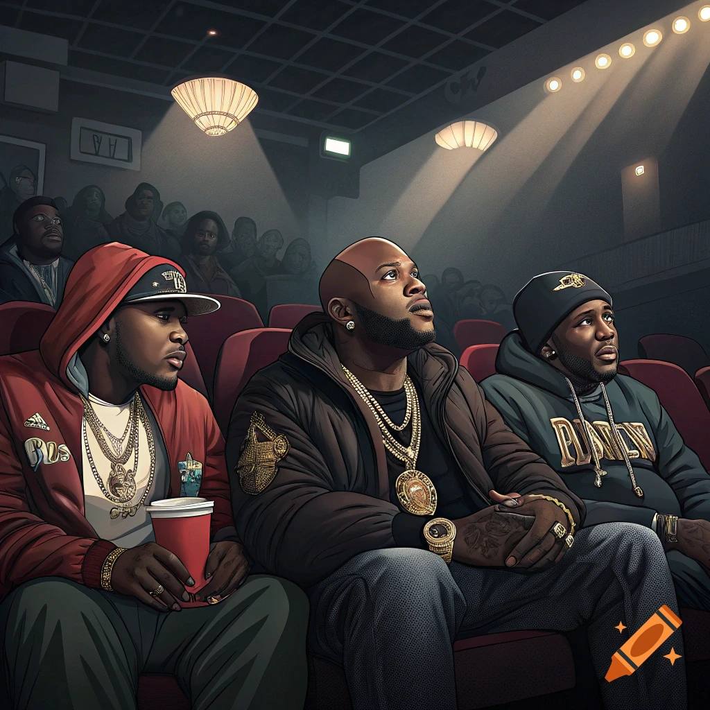 Three men in jewelry and hats sit in a movie theater looking up at the screen.