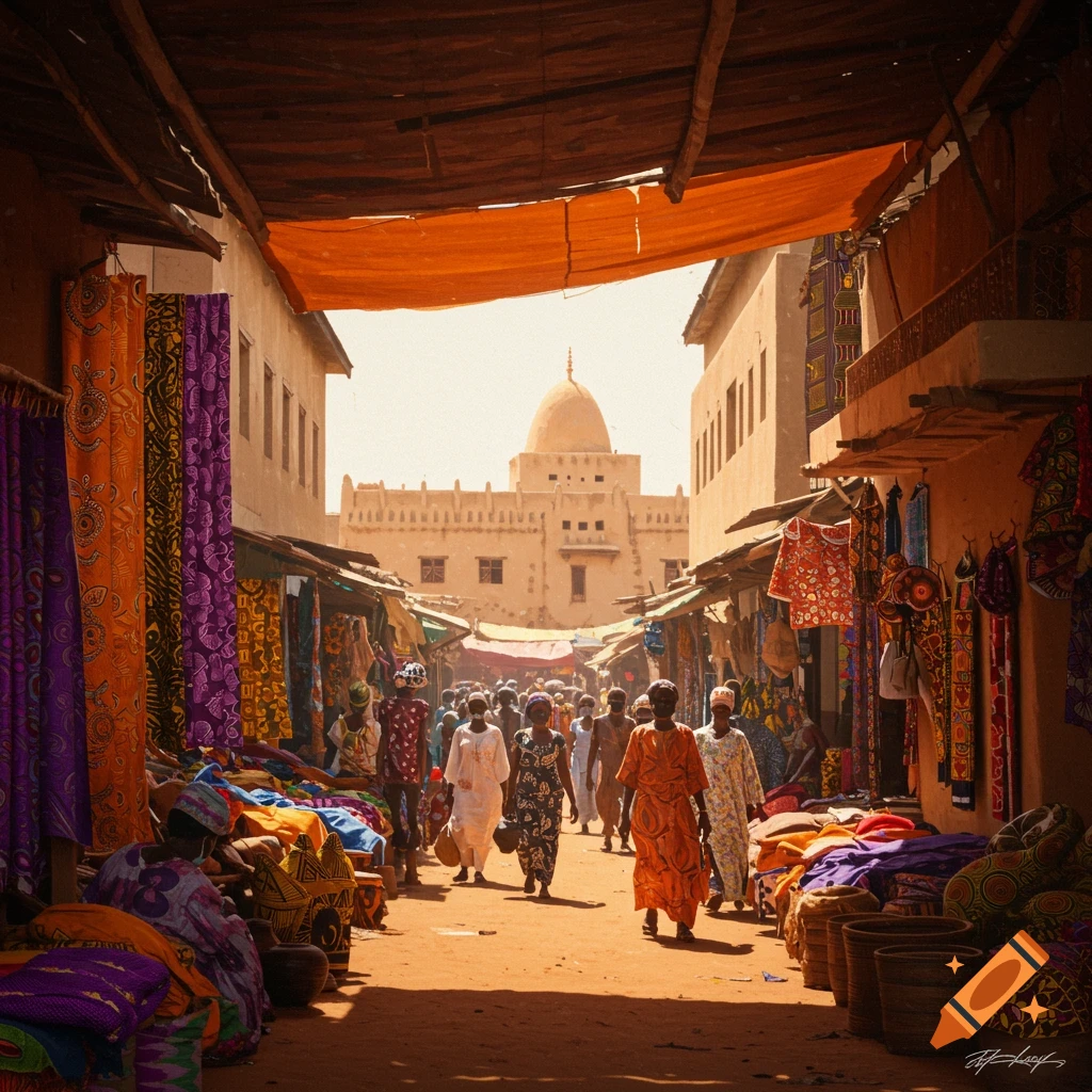 A busy market street filled with people, vibrant fabrics, and buildings in the background.