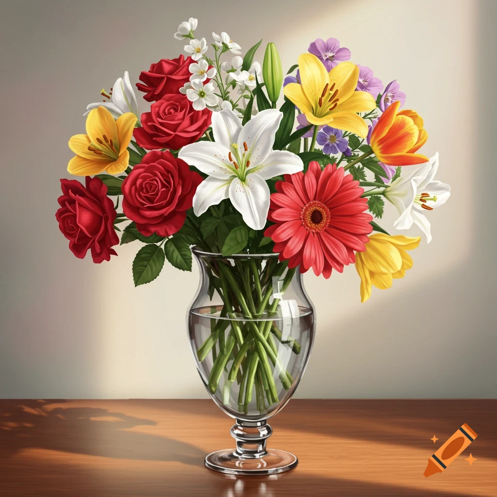 A vibrant bouquet of assorted flowers in a glass vase on a table.