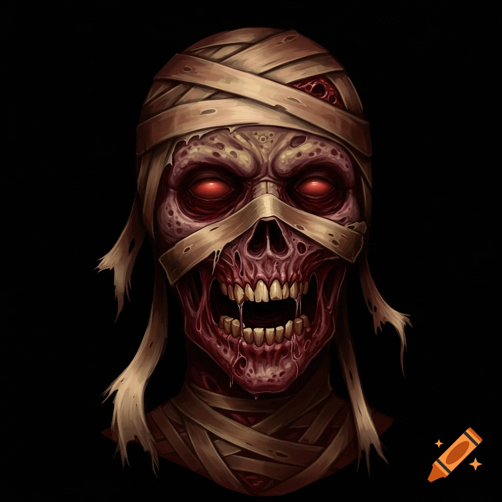 Grotesque zombie mummy face with glowing red eyes and tattered bandages.