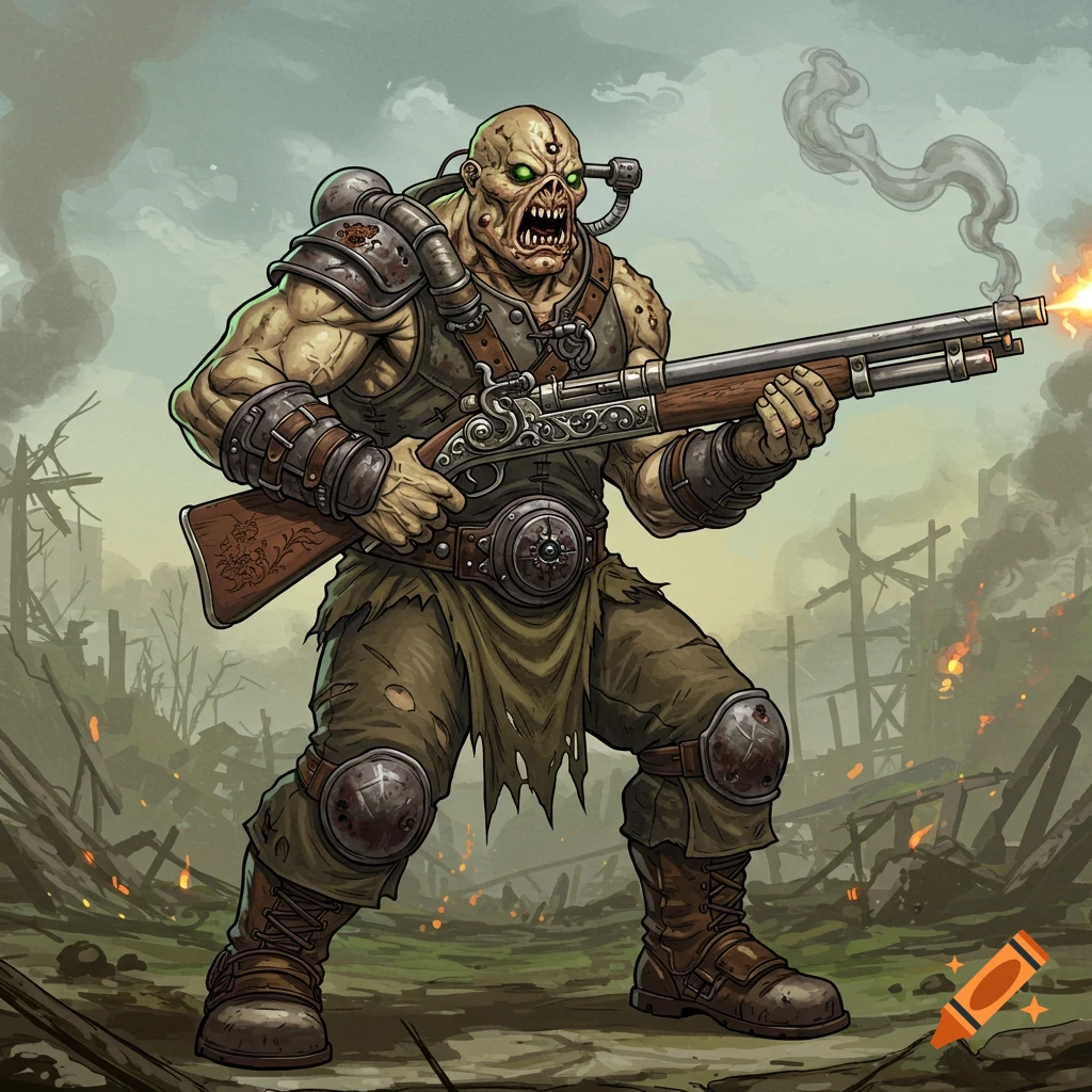 A large, mutated creature in armor holding a musket rifle in a destroyed wasteland.