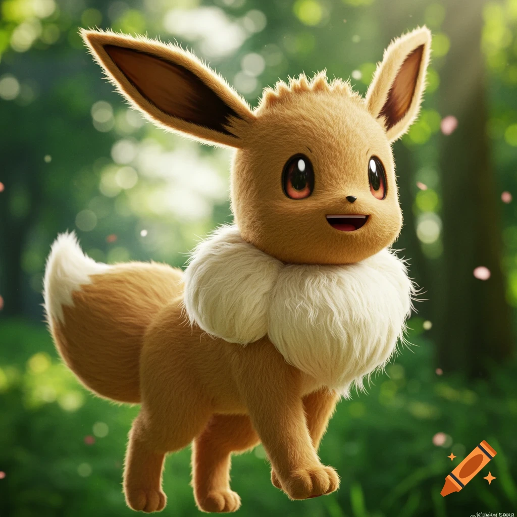 A cute, fluffy Eevee stands in a sunlit forest