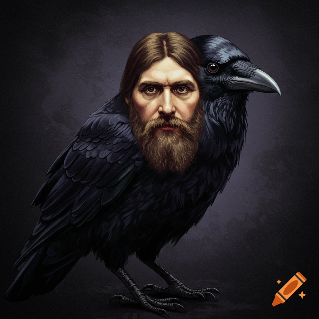 A crow with a bearded man's face where its head should be.