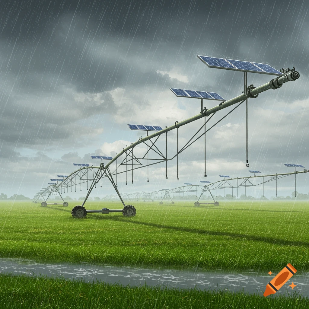 Solar-powered irrigation system in a green field under a rainy sky.