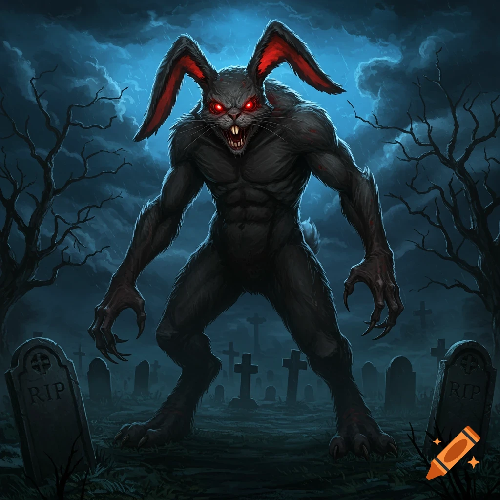 A large monstrous bunny creature stands in a dark graveyard at night.