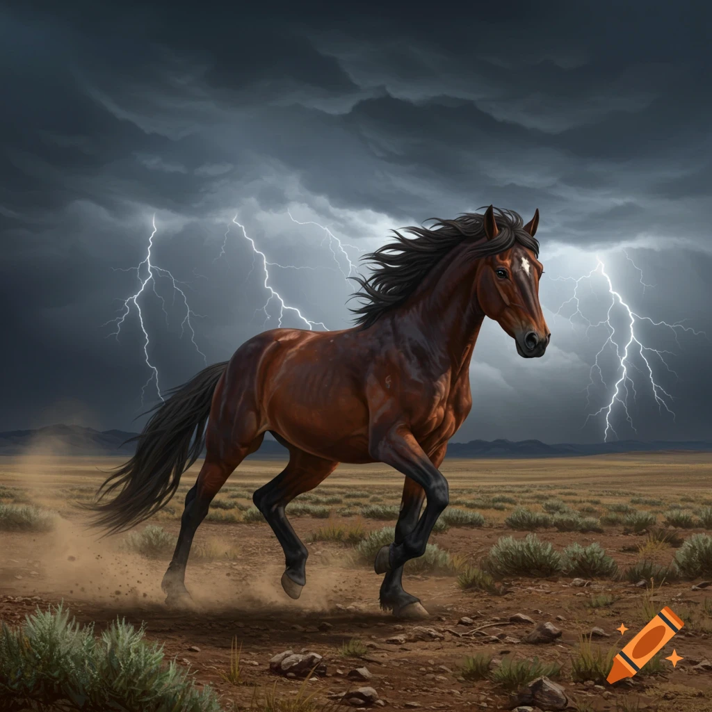 A brown horse runs through a desert landscape during a lightning storm.