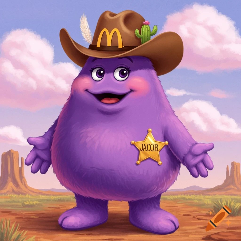 A purple furry character (Grimace) wearing a cowboy hat and a sheriff badge that says JACOB, standing in a western landscape.
