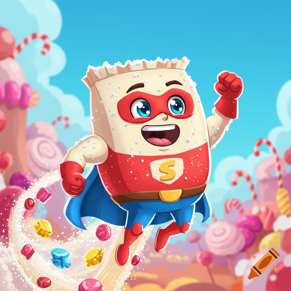 Animated illustration of a superhero sugar bag flying through a candy land.