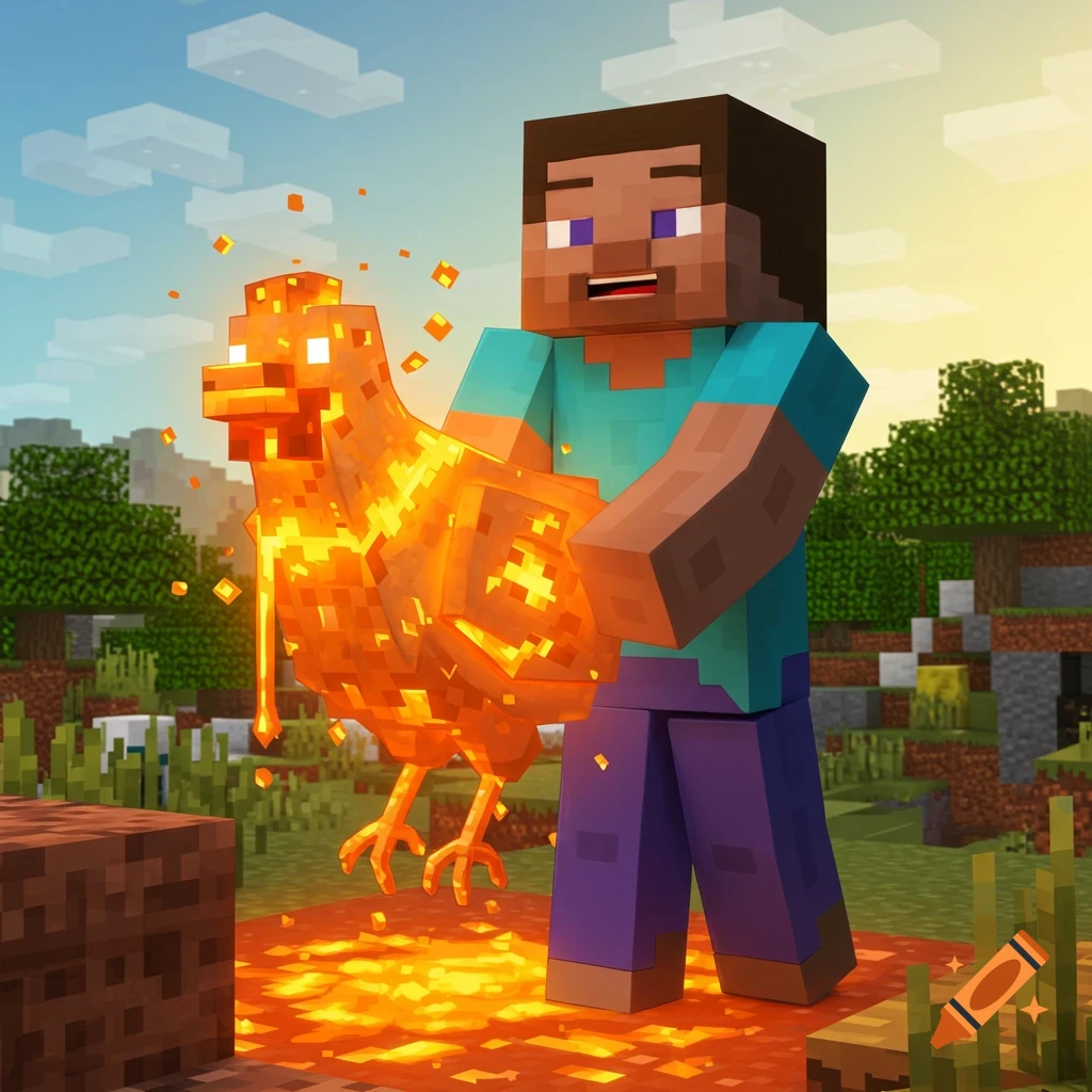 Steve holds a glowing lava chicken in a Minecraft world.