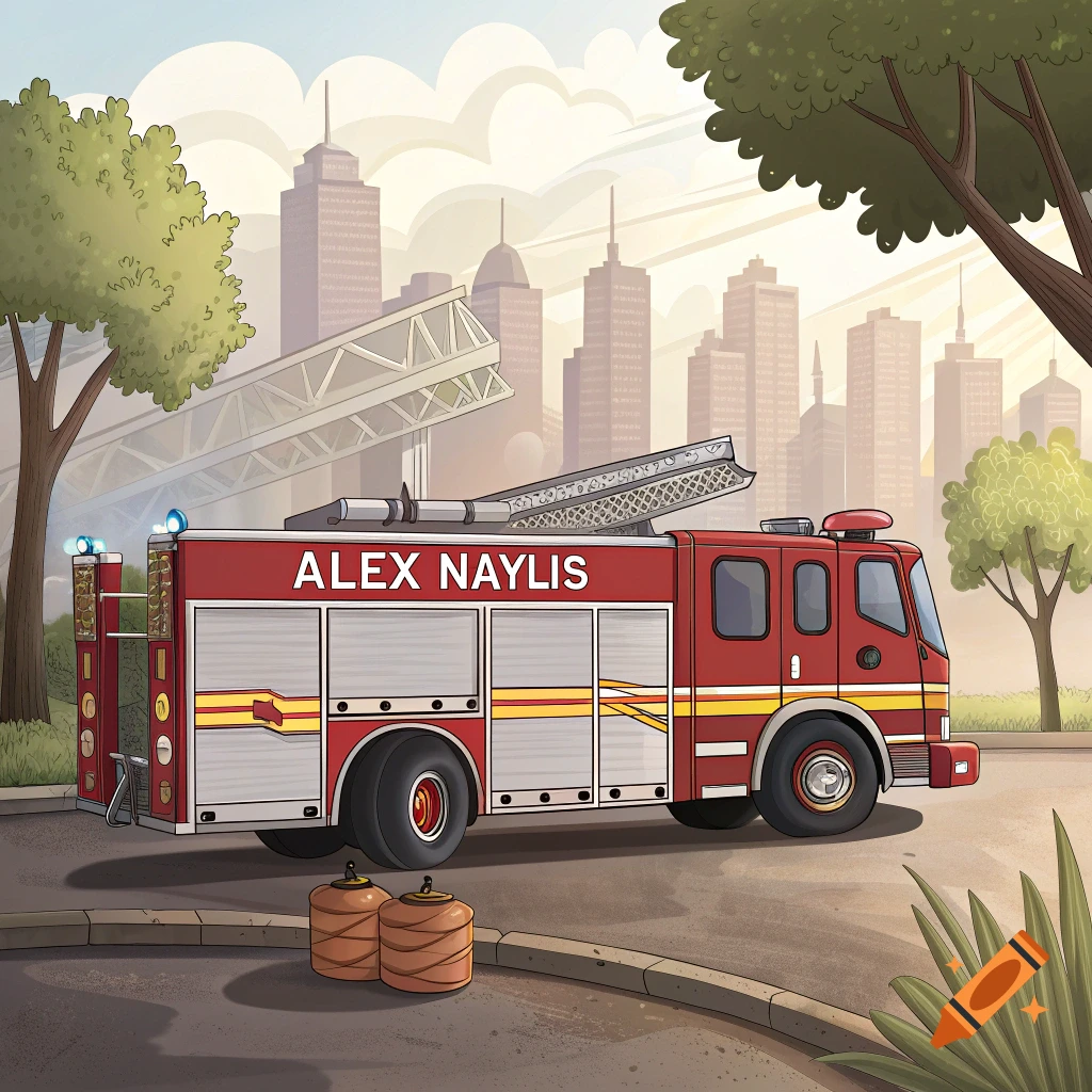 An illustrated fire truck with 'ALEX NAYLIS' on the side is parked on a street with a city skyline background.