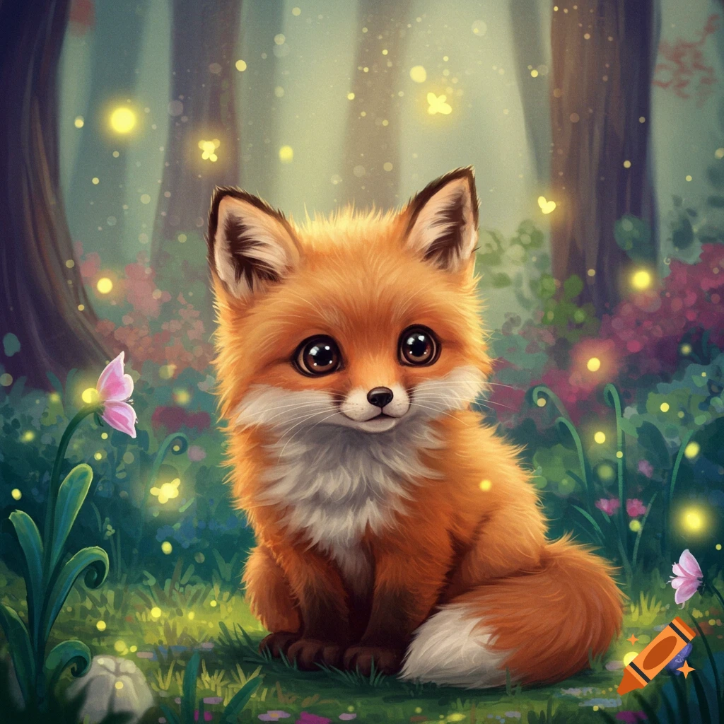 A cute baby fox sits in a magical forest surrounded by glowing fireflies.