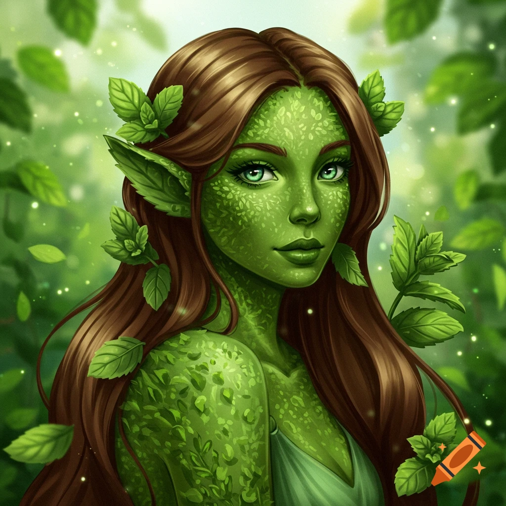 A fantasy woman with green leaf skin and brown hair stands in a forest.