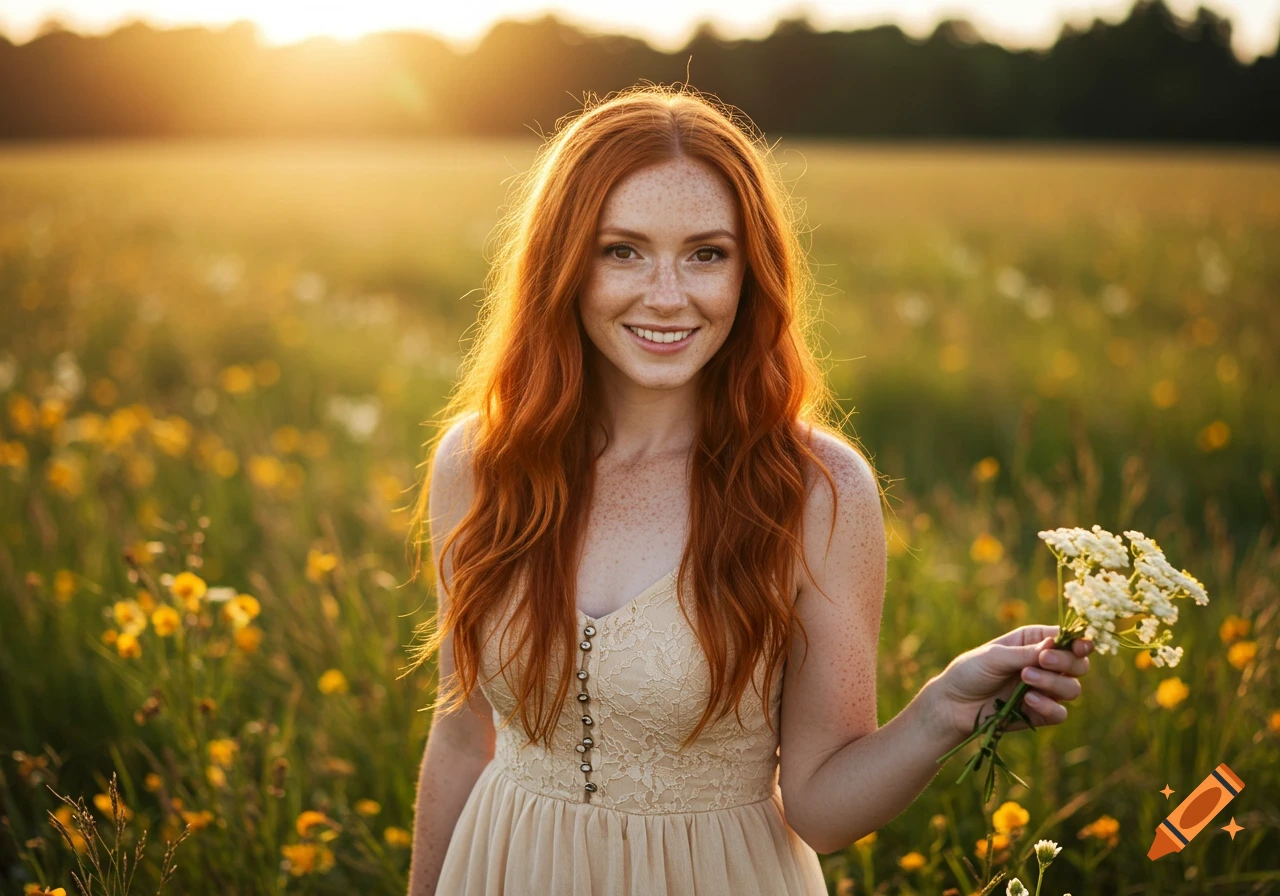 A woman with red hair and freckles holds flowers in a sunlit field.