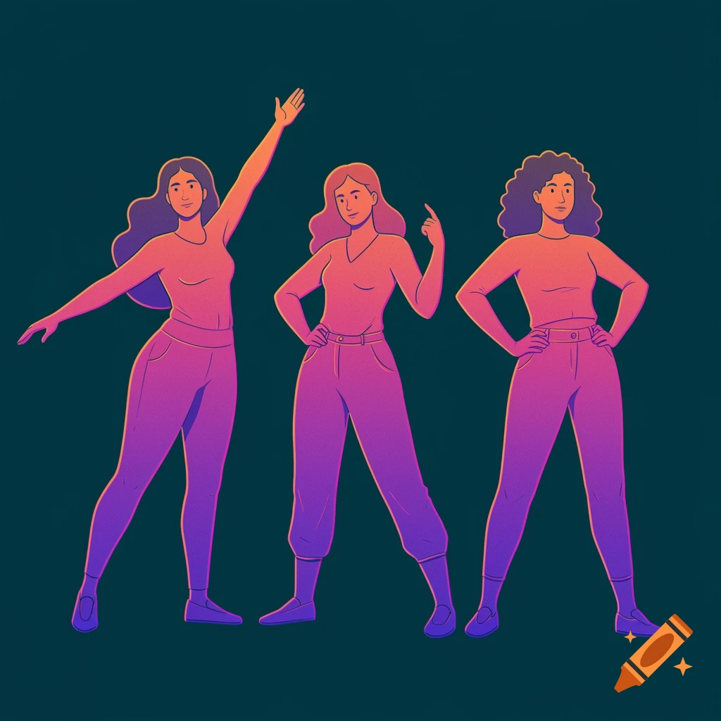 Illustration of three diverse women in vibrant outline style poses.