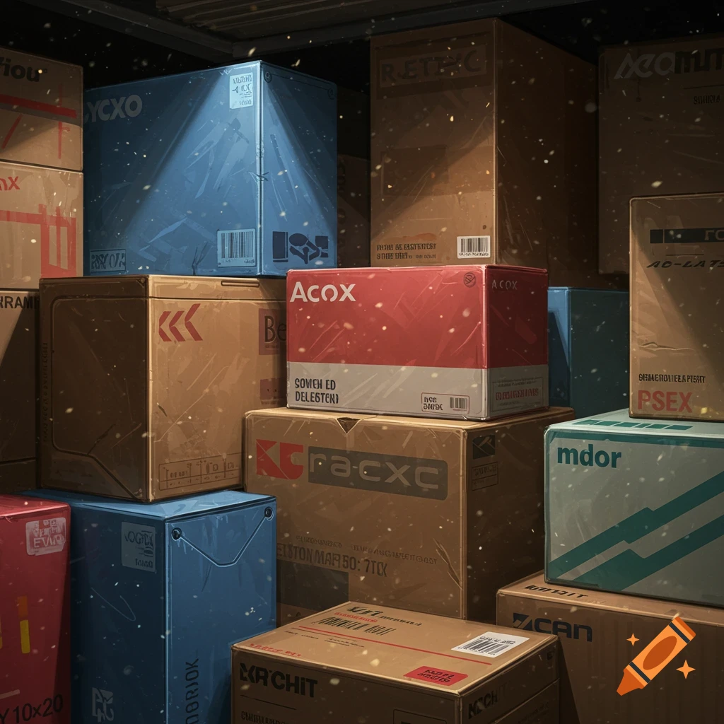 Stacked storage boxes with labels.