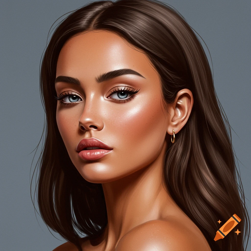 A woman with stunning blue eyes and radiant, glowing skin.
