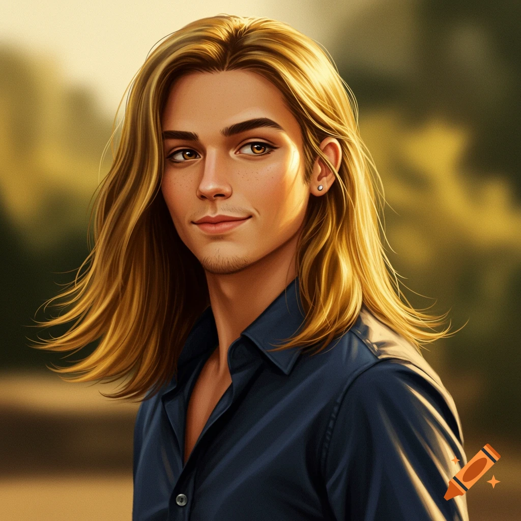Portrait of a young man with long blond hair wearing a blue shirt, in a cinematic style.