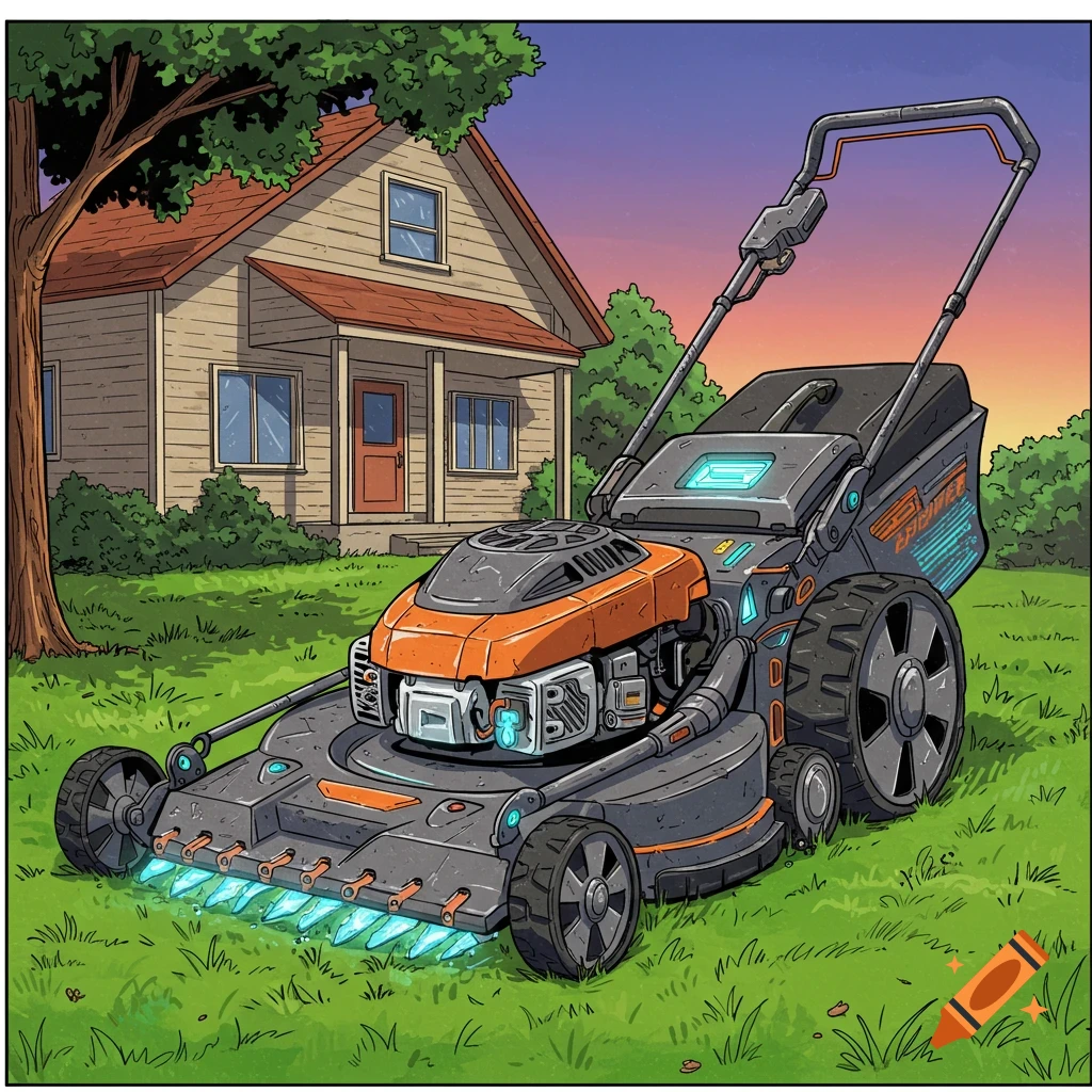 Stylized illustration of a futuristic mecha push mower in a suburban yard.
