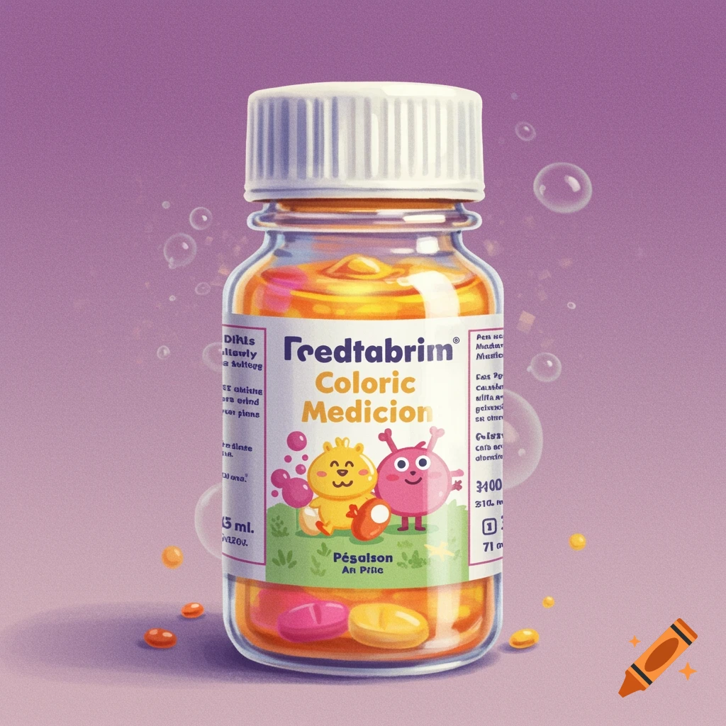 A colorful picture of a cartoon children's medicine bottle with cartoon characters on the label and surrounding pills.