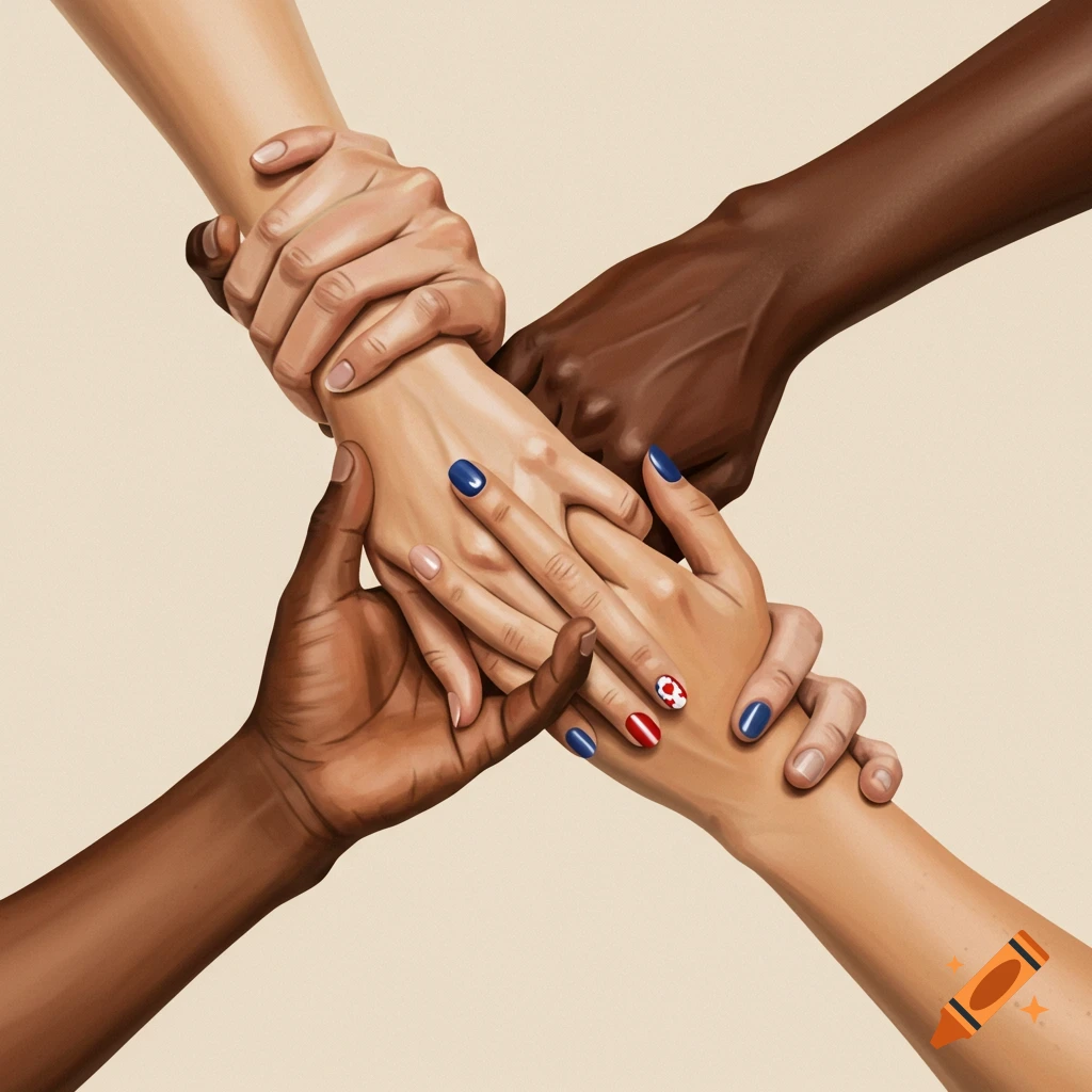 Multiple hands with different skin tones holding each other, some with red, white, and blue nail polish.