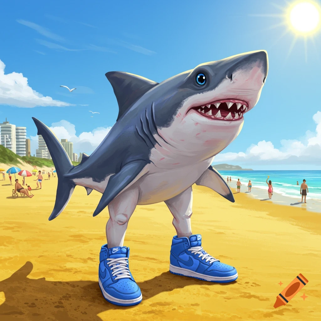 A shark with legs and blue sneakers standing on a beach.
