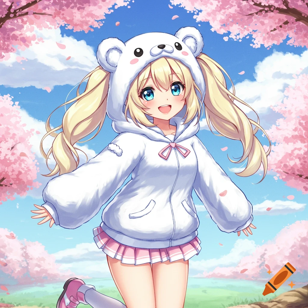 An anime girl in a white bear hoodie and pink skirt jumps under cherry blossoms.
