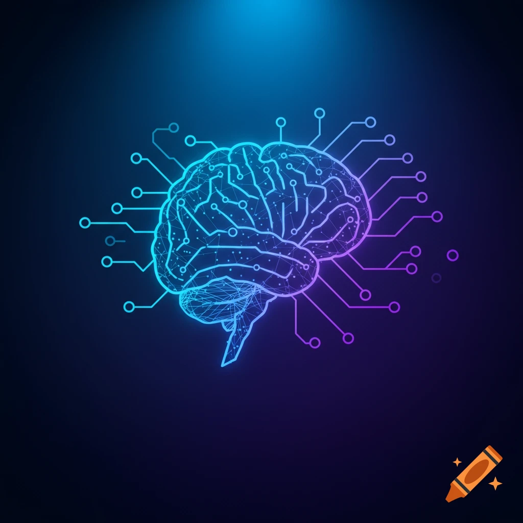 Stylized digital illustration of a human brain connected to a network of glowing circuits against a dark background.