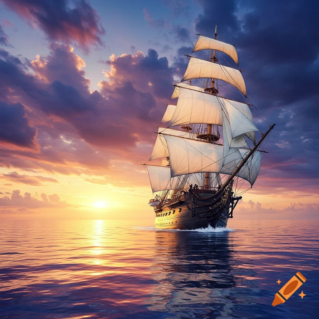 A large sailing ship on the ocean at sunset with dramatic clouds