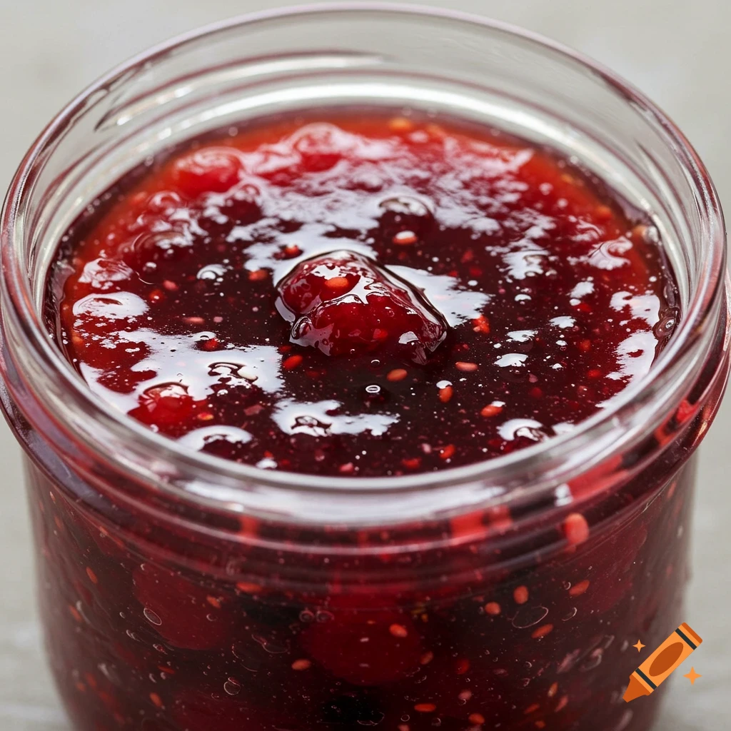 Close-up photo of red jam with fruit and seeds in a glass jar.