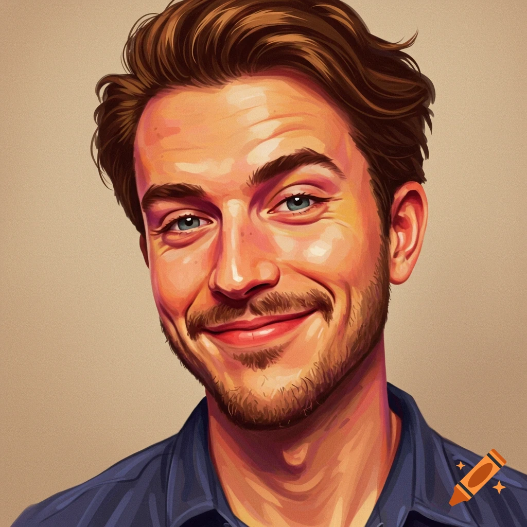 A smiling man with brown hair and beard wears a blue shirt.