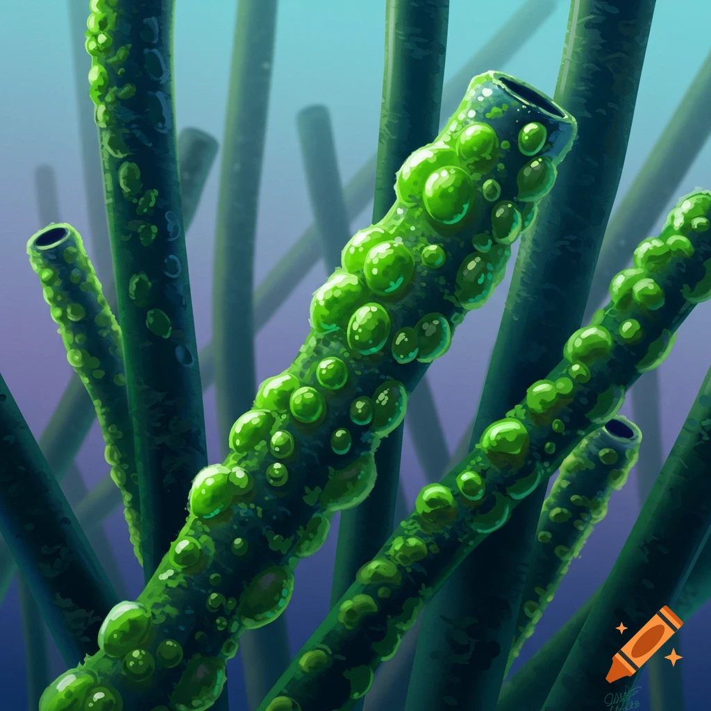 Green tube forms covered in bubbly growths